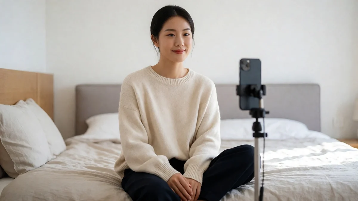 国产自拍栏目主题图：成年女性在居家房间内面对三脚架手机拍摄自拍