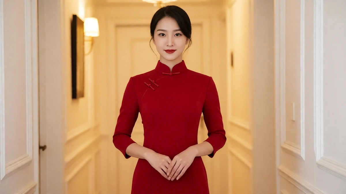 旗袍美人栏目主题图：成年女性穿红色旗袍站在室内走廊