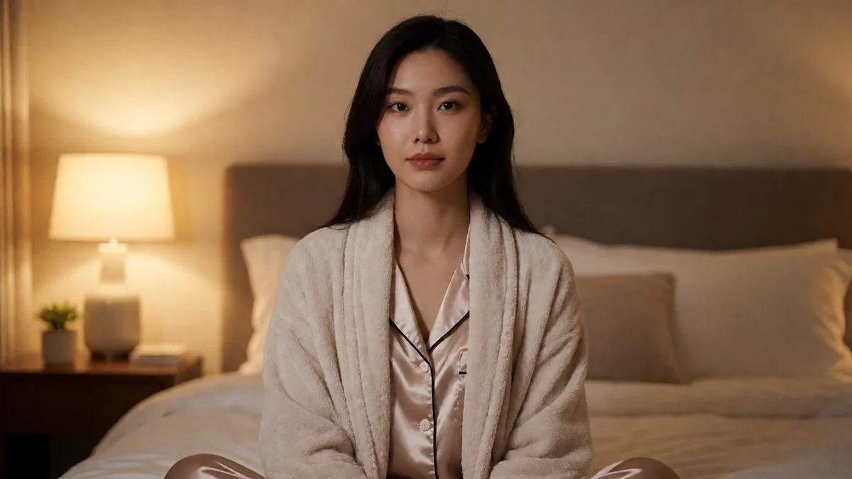 睡衣女友栏目主题图：成年女性穿缎面睡衣和外袍坐在暖光卧室