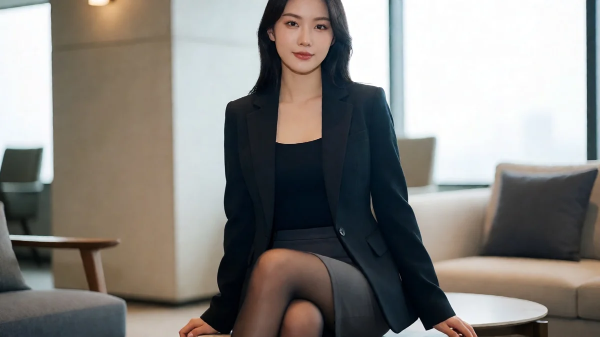 黑丝御姐栏目主题图：成年女性穿黑色西装外套和丝袜坐在办公室休息区