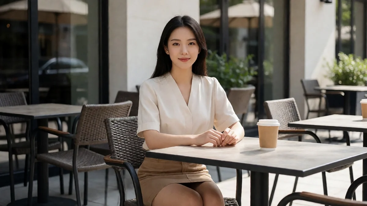 清纯女友栏目主题图：成年女性穿白色上衣坐在户外咖啡桌旁