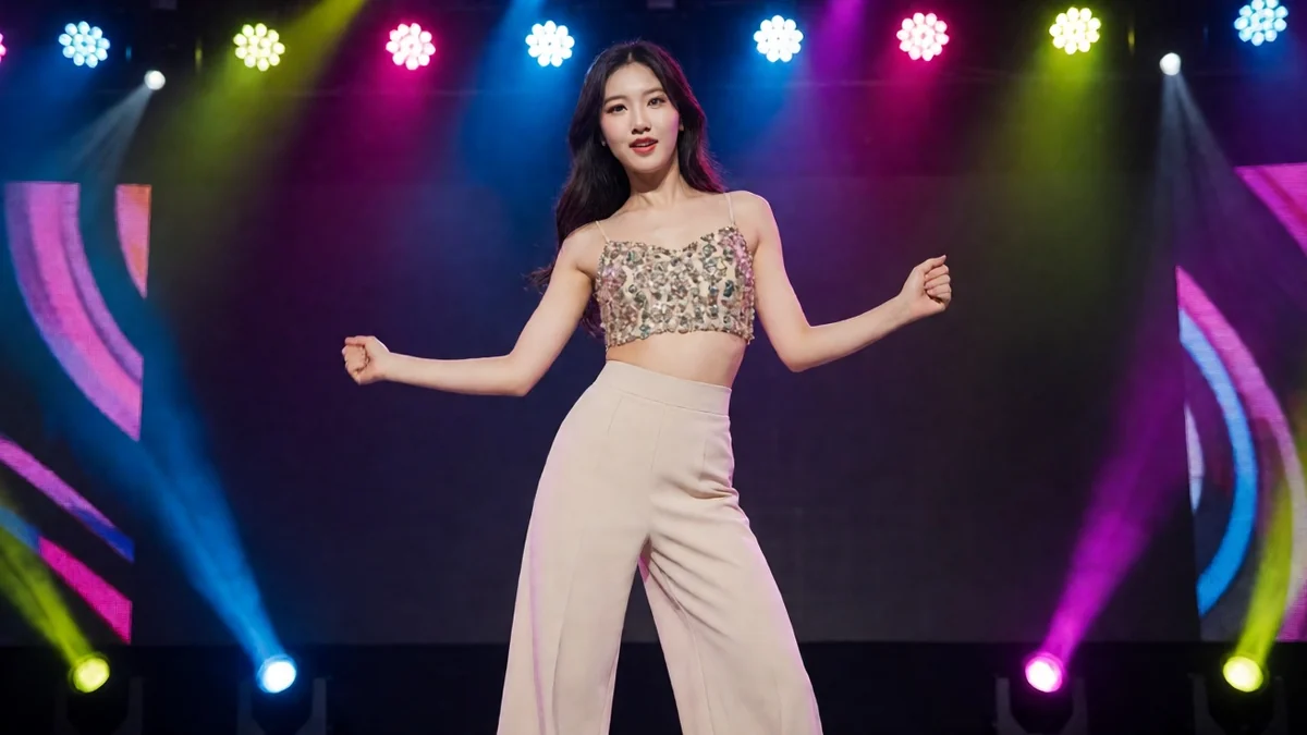 热舞主播栏目主题图：成年女性穿舞台服饰在彩色灯光下独舞