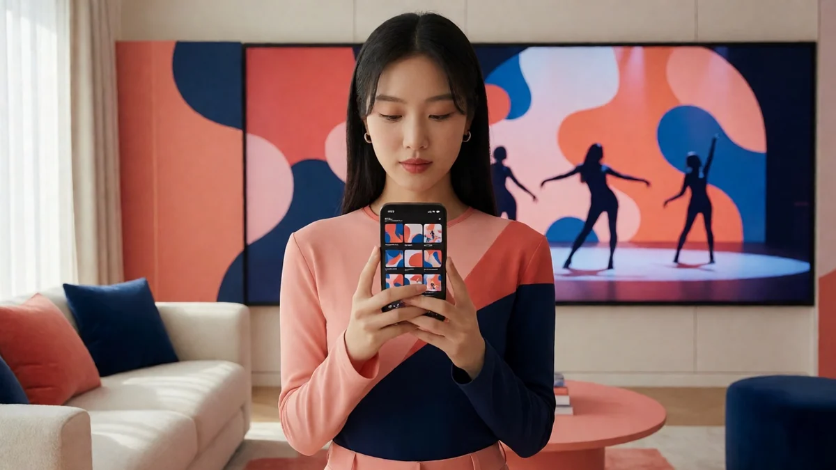 17c在线视频观看首页主题图：成年女性手持手机浏览图像分类，后方屏幕显示舞台剪影